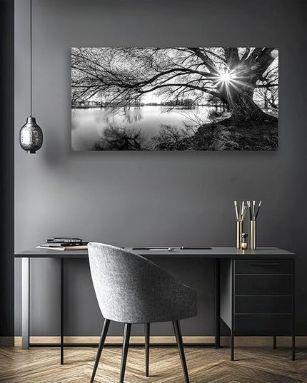 LKY ART Wall Art Decor Black and White Lake Landscape Canvas Wall Art Old Tree Silhouette with Sunburst Nature Photography Print Picture Artwork for Living Room Office Bedroom 20 x 40 inches
