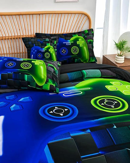 PERFEMET 6-Piece Game Full Size Bed in a Bag for Boys Blue and Green Video Gamer Bedding Set with Sheets Soft Fluffy 3D Printed Game Console Comforter Set for Kids Teen Girls(Blue Green, Full)