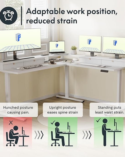 FLEXISPOT 71" Large L Shaped Standing Desk Electric Corner Table with Shelf, 4 Storage Drawers, Adjustable Computer Workstation for Home, Office, Game, Studio, White Top + White Frame