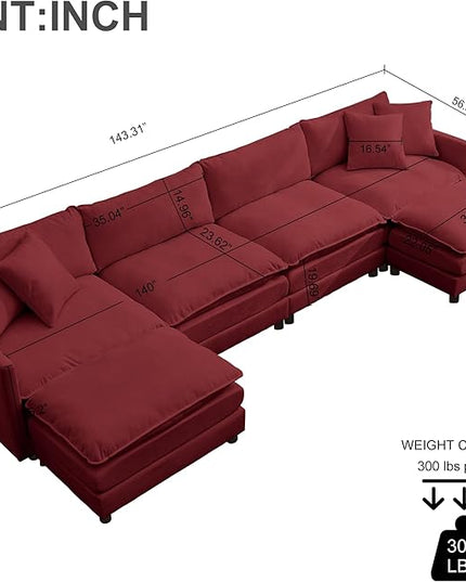 Modular Sectional Sofa,143.31'' Modern Sofa Sleeper Couch,Comfy Cloud Couches with 4 Seat & 2 Ottoman & 4 Pillows Sofa Set,Deep Seat Sofa with Movable Ottoman for Living Room,Chenille (Red, U Shaped)