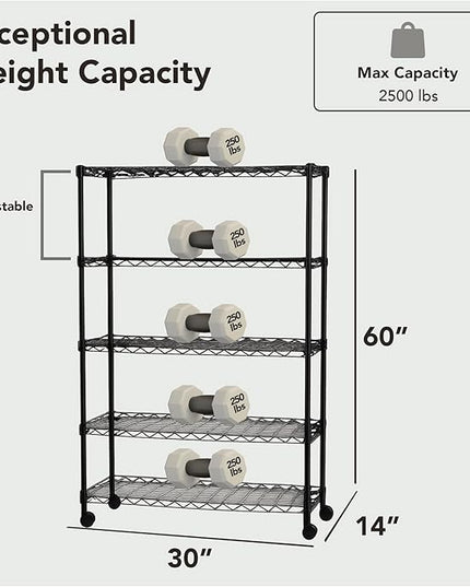 5 Tier Wire Shelving Unit Storage Rack, Metal Heavy Duty Utility Organizers, Organization Units for Products Plant Pantry, Garage, Laundry Racks Durable Shelf Stand,14"W x 30"L x 60"H, Black