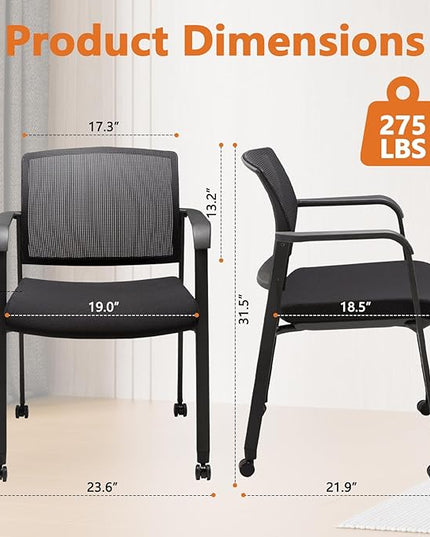 CLATINA Mesh Back Guest Reception Arm Chairs with Wheels, Waiting Room Chairs with Upholstered Fabric Seat and Ergonomic Lumbar Support for Office