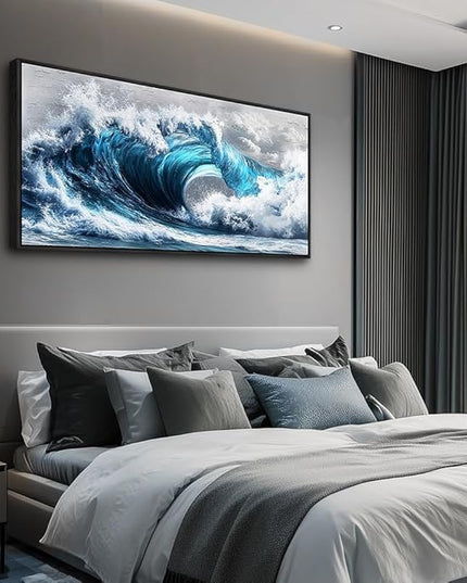 PHAOHUAXM Large Canvas Wall Art For Living Room Wall Decor For Bedroom Ocean Inspiration Wall Pictures Office Mural Decorations Posters Blue Wave Paintings Modern Home Decor Black Framed 24x48 In