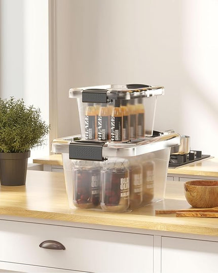 Nazhura Plastic Storage Bin, Stackable and Nestable Storage Boxes with White Lids and Secure Latching Buckles, Large Storage Container (CLEAR, 6QT 12PACK)