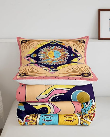 Manfei Starry Sky Galaxy Trippy Comforter Set King,Sun Moon Bedding Set 3pcs for Kids Teens Adults Room Decor,Geometric Boho Exotic Comfy Quilt Set,Colorful Vintage Duvet Insert with 2 Pillowcases