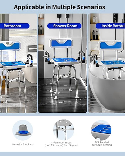 Swive Shower Chair with Arms and Back Heavy Duty 500 lbs for Seniors Elderly Disabled or Bariatric Adults Bench Seat for Inside Shower Stall and Bathroom Bath Tub Seats Adjustable Stool