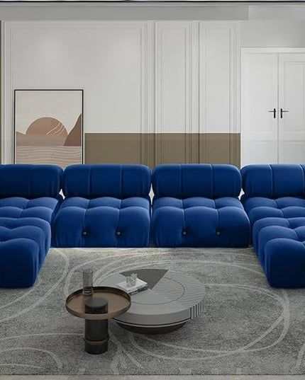 JACH 138" Modular Sectional Couches, U Shaped Minimalist Velvet Sofas, Convertible Sectional Sofa, Modern Comfy Couch with Chaise Ottomans for Living Room Apartment, (Blue)