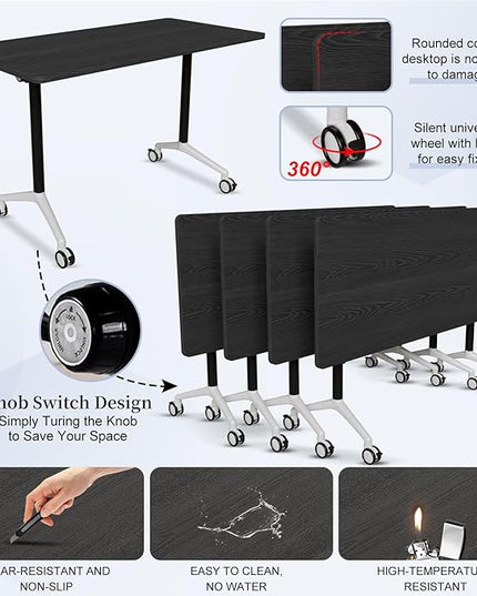 Conference Table, Folding Conference Room Tables, Modern Flip Top Seminar Training Meeting Table with Wheels, Modular Foldable Conference Tables for Home Office Classr (Black 2 Pack, 55.1inch)