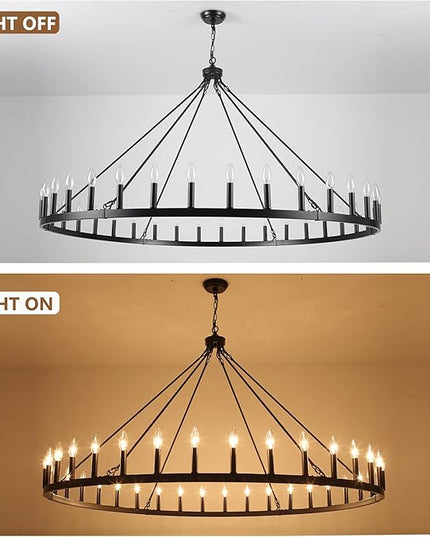 Black Extra Large Wagon Wheel Chandelier, 60 inch 36 Lights Farmhouse Chandelier, Industrial Candle Round Pendant Light Fixture for High Ceiling Living Room Dining Room Outdoor Porch Entryway Hallway