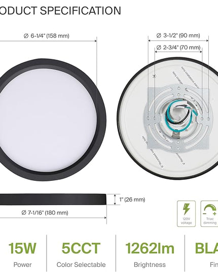 ASD LED 7" Round Flush Mount Ceiling Light Fixture, Low Profile Surface Lighting | 5CCT, Dimmable, Ultra-Thin, ETL Listed | 15W 1260LM 2700-6000K 120V | Kitchen, Bedroom, Hallway Lamp | Black, 6 Pack