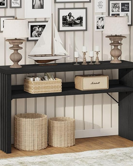 BON AUGURE Console Table with Storage, Black Entryway Table, Wooden Couch Tables Behind Sofa for Living Room, 2 Tier Front Door Entrance Tables (Black Oak, 47 Inches)