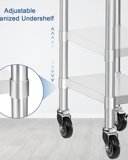HARDURA Stainless Steel Commercial Work Table with Wheels Prep & Work Metal Table 24×12 Inches Heavy Duty NSF with Casters and 2" Backsplash