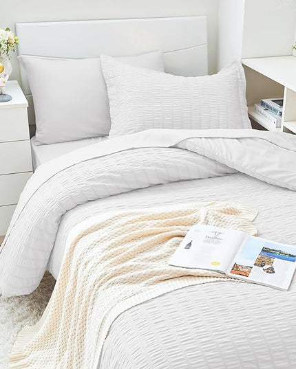 HYMOKEGE White Twin XL Comforter Set Seersucker 5 Pieces, All Season Luxury Bed in a Bag for Bedroom, Bedding Set with Comforter, Sheets, Pillowcase & Sham