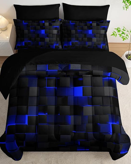 Geometric Blue Black King Comforter Set,Light Honeycomb Bedding Set 7 Piece in A Bag,Bed Sheet Set Geometry Decor,Microfiber Lightweight All Season