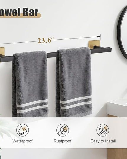 YACVCL 5-Pieces Black and Gold Bathroom Hardware Accessories Set Stainless Steel Bathroom Towel Bar Set Towel Holder Set for Bathroom,Upgraded Toilet Paper Holder with Shelf,Wall Mounted 23.6"