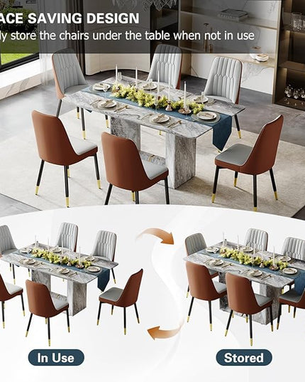 Dinner Table Set for 6, 7 Piece Dining Table Set with Chairs, 63" Faux Marble Modern Table with 6 PU Leather Upholstered Chairs, for Kitchen & Dining Room
