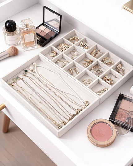 Stackable Jewelry Organizer Trays with Removable Dividers, 2-Tray Beige Jewelry Drawer Organizer Set for Earrings, Necklaces, Rings & Bracelets Gift for Her