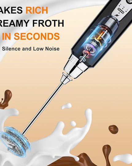 YUSWKO Handheld Milk Frother Wand for Coffee, Rechargeable Electric Whisk with 3 Heads 3 Speeds Drink Mixer Coffee Frother For Latte, Cappuccino, Hot Chocolate, Egg (Without Stand, Light Black)