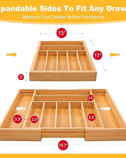 Large Premium Bamboo Silverware Organizer - Expandable Drawer Organizer & Utensil Organizer - 17"x19.7" Cutlery Tray with Dividers for Kitchen Utensils and Flatware (7-9 Slots) (Natural)