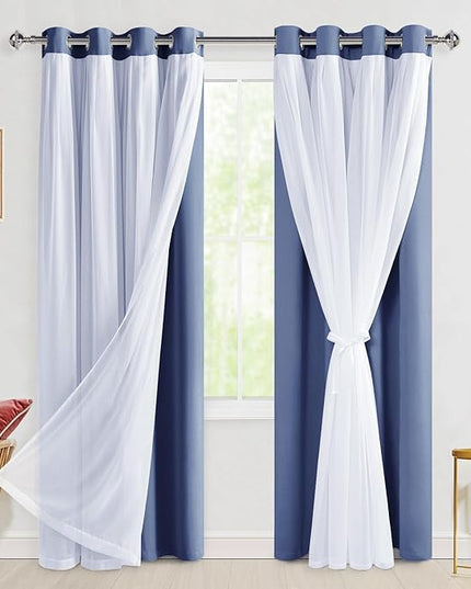 Hiasan Blackout Curtains with Sheer Overlay, Thermal Insulated Mix & Match Double Layer Room Darkening Window Curtains for Bedroom,Living Room,Nursery 2 Panels with Tiebacks (52W X 84L,Blue Haze)