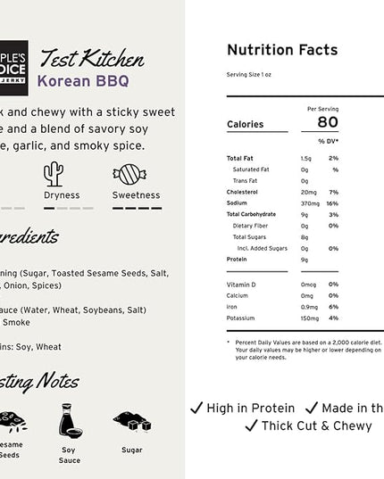 People’s Choice Beef Jerky – Test Kitchen – Korean BBQ – Sweet & Savory Flavor – 9g Protein – Made in USA – 1 Pound (16 oz) Bag