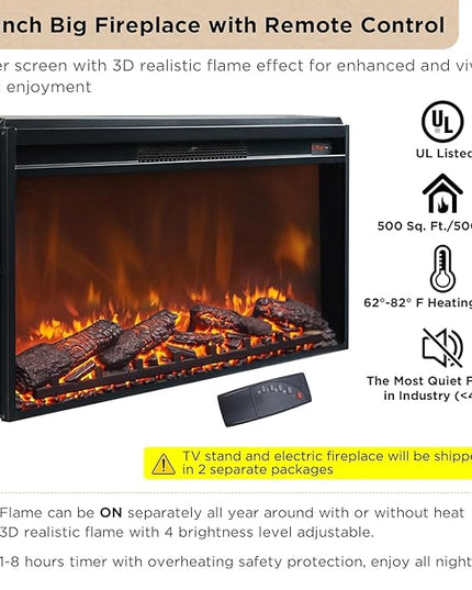 OKD Luxury 70" Fluted Fireplace TV Stand, Modern Chic Entertainment Center for TVs Up to 80 inches, TV Console with Faux Marble Top, Curved Profile Design, Media Console for Living Room, Natural Oak