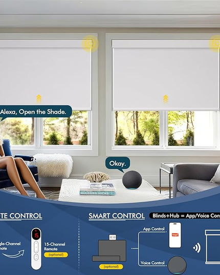 Motorized Blinds with Remote,100% Blackout Smart Roller Shades,Rechargeable Smart Blinds【Solar Panel Included】 Wireless Electric Cordless Shades with Cover Compatible with Alexa White 32 * 72