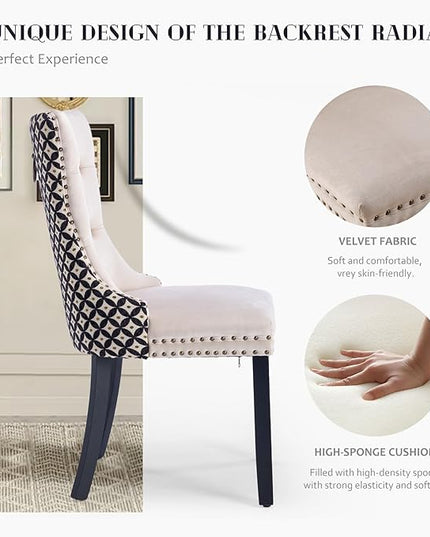 SoarFlash Velvet Dining Chairs Set of 8, Tall Back Side Chair, Modern Upholstered Side Chair with Button Back Ring, Solid Wood Legs (White&Plaid)