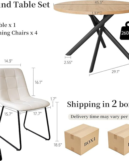 45.3 Inch Round Dining Table Set for 4, Mid Century Modern Small Kitchen Coffee Set for Dining Room Kitchen Apartment (Oak Table + 4 U-Shaped White Chairs)