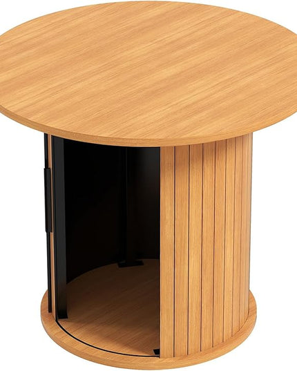 COSVALVE Round Wood Coffee Table 23.6IN with Hidden Storage & Sliding Door, Circle Farmhouse Side Table Sets for Living Room, Bedroom, Balcony, Small Spaces, Natural