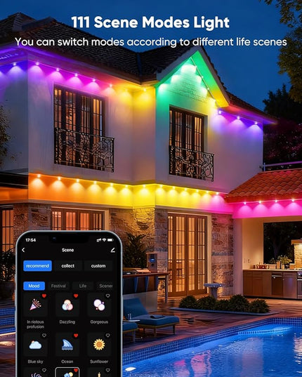 APPECK Permanent Outdoor Lights 200ft with 144 LED Lights, 72W Smart RGBW Eaves Lights, DC 36V, 40LM, IP67 Waterproof String Lights for Halloween Christmas Decor, Compatible with Alexa, Black