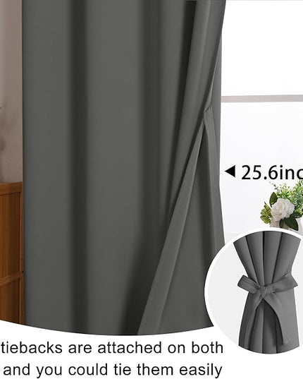 JIUZHEN Dark Grey Blackout Curtains with Tiebacks Thermal Insulated, Light Blocking and Noise Reducing Grommet Curtains for Bedroom and Living Room, Set of 2 Window Curtain Panels, 70 x 84 Inch Length