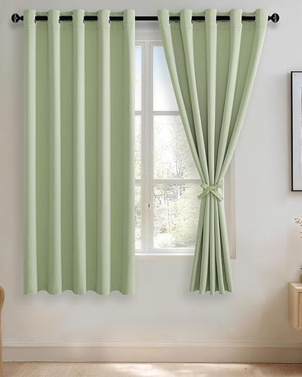 JIUZHEN Light Green Blackout Curtains with Tiebacks Thermal Insulated, Light Blocking and Noise Reducing Grommet Curtains for and Living Room, Set of 2 Window Curtain Panels, 60 x 63 Inch Length