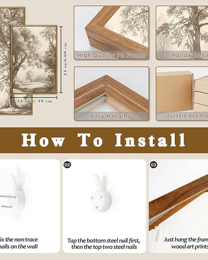 Large Wall Art Vintage Tree Wall Art Framed Tree Sketch Antique Painting Neutral Forest Artwork 16x24 Inch Set of 3 for Living Room Bedroom