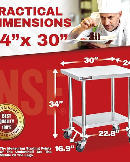 DuraSteel 24x30 NSF Stainless Steel Cart Work Table - Heavy Duty Rolling Food Prep Table Countertop Island - Metal Utility Cart on Wheels Caster, Grill Stand Storage Outdoor Kitchen Tables Bar Top