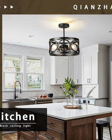 Farmhouse Semi Flush Mount Ceiling Light,3-Light Industry Black Sloped Ceiling Light Fixtures D13 Inches Drum Metal Light Fixture for Entryway Foyer Hallway Kitchen Dining Room