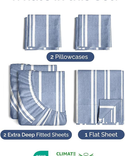 Extra Deep Split King Sheet Set - 7 Piece Breathable & Cooling Sheets - Hotel Luxury Bed Sheets Set - Easy Fit - Soft, Wrinkle Free & Comfy Sheets Set - Blue Striped Sheet Set w/Extra Deep Pockets