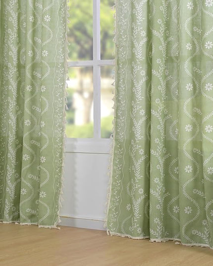 Schweek Sage Green Curtains for Living Room 96 Inches Long Linen Boho Floral Curtains Vintage Patterned Window Curtain 2 Panel Sets,Light Green