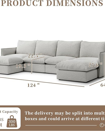 Waterproof Cloud Sectional Couches for Living Room,High Backrest Down Filled Couch,6 Seater Oversized Modular U-Shaped Sofas with Chaise,Detachable Sofa Covers,Light Grey