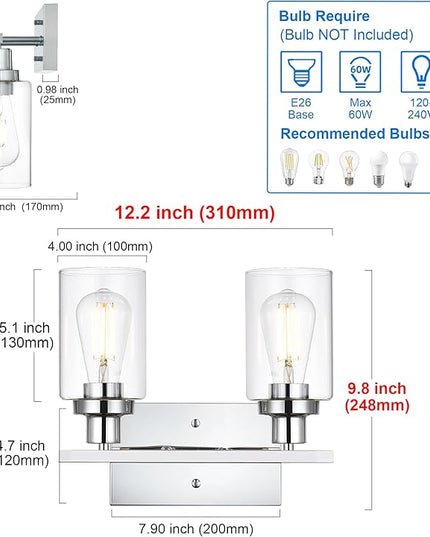 MELUCEE Sconces Wall Lighting Chrome 2-Light, Modern Bathroom Lights Over Mirror Contemporary Vanity Lighting Fixture with Clear Glass Shade (Patent No.: US D963914 S)