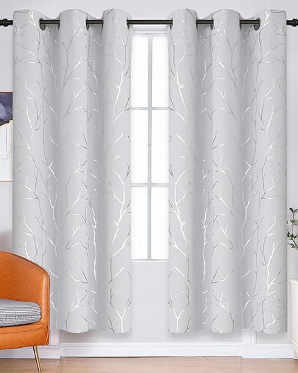 BUHUA White Bedroom Curtains 63 Inches Long, Room Darkening Blackout Curtains 2 Panel Sets, Elegant Silver Tree Branches Print Window Treament for Livingroom 38W x 63L, Greyish White