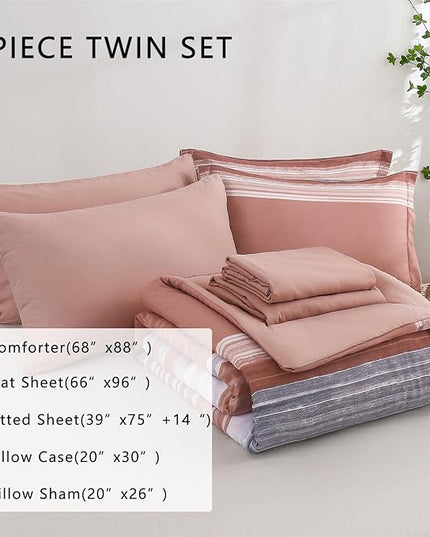 KAKIJUMN 5 Piece Bed in a Bag Stripe Comforter Set Twin Size, White Grey Blush Pink Patchwork Striped Comforter and Sheet Set, All Season Soft Microfiber Complete Bedding Sets(Pink,Twin)