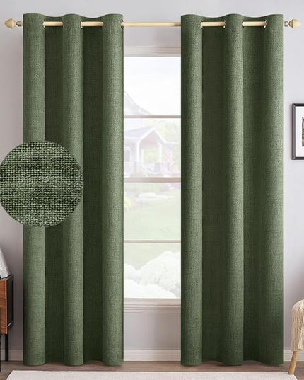MIULEE 100% Blackout Linen Textured Curtains for Bedroom Solid Thermal Insulated Olive Green Grommet Room Darkening Curtains & Drapes Luxury Decor for Living Room Nursery 42 x 84 Inch (2 Panels)