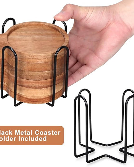 Best Wooden Handle Coasters Set of 6 with Holder Coffee Table Decor Acacia Wood Coaster for Living Room Modern Cup Coaster for Drink Home Kitchen Dining Accessories Bar Farmhouse Outdoor Decorative