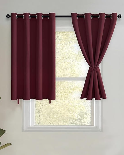 JIUZHEN Short Curtains Kitchen Half Window Blackout Curtains with Tiebacks for Baseroom Shadows, Grommet Curtains for Living Room, Set of 2 Window Curtain Panels, 52 x 36 Inch Length，Burgundy