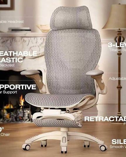 ELABEST X100 Ergonomic Office Chair with Footrest, Big and Tall Home Desk Chair with 5D Flip-Up Arms, Adjustable 3D Lumbar Support,High Back Rolling Computer Chair, Swivel Mesh Chairs (Foggy Morning)