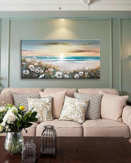 LKY ART Sunset Beach Wall Art Canvas White Flowers Canvas Prints Home Decor Painting for Living Room Bedroom Office Seascape Natural Landscape Wall Decor Ready to Hang