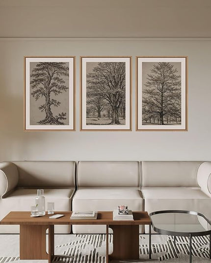 HOURIA Vintage Tree Sketch Framed Canvas Wall Art Set,Natural Brown and Gray Woodland Wall Decor,Mid Century Nature Forest Artwork,Textured Botanical Art Print for Living Room,Bedroom,Office-16"x24"x3