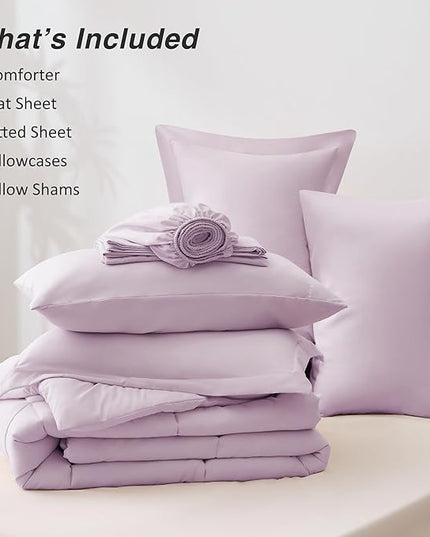 Love's cabin Queen Comforter Set Light Purple, 7 Pieces Queen Bed in a Bag, All Season Bedding Sets with 1 Comforter, 1 Flat Sheet, 1 Fitted Sheet, 2 Pillowcase and 2 Pillow Sham