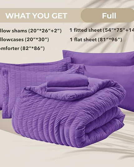 HYMOKEGE Dark Purple Full Size Comforter Sets Seersucker 7 Pieces, All Season Luxury Bed in a Bag for Bedroom, Bedding Set with Comforter, Sheets, Pillowcases & Shams